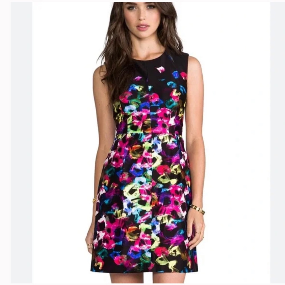 Milly bright Graffiti Flowers strapless Dress w two front pockets & back zipper